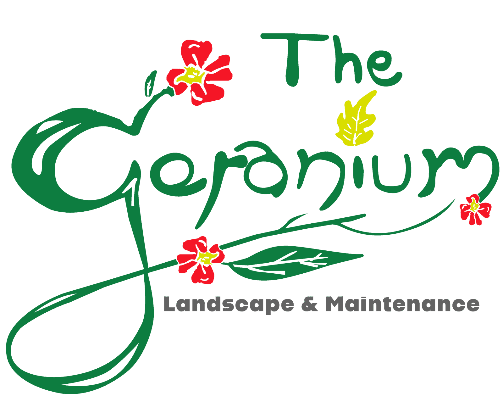 Logo of The Geranium Landscape with floral design and green text.