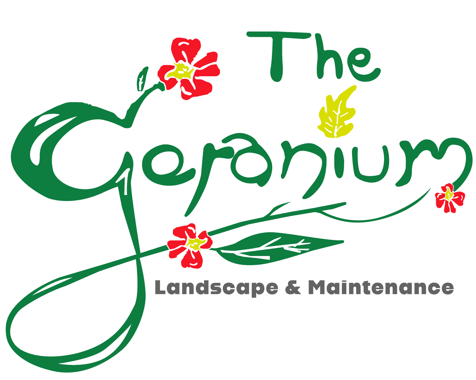 Logo of The Geranium Landscape with floral design and green text.
